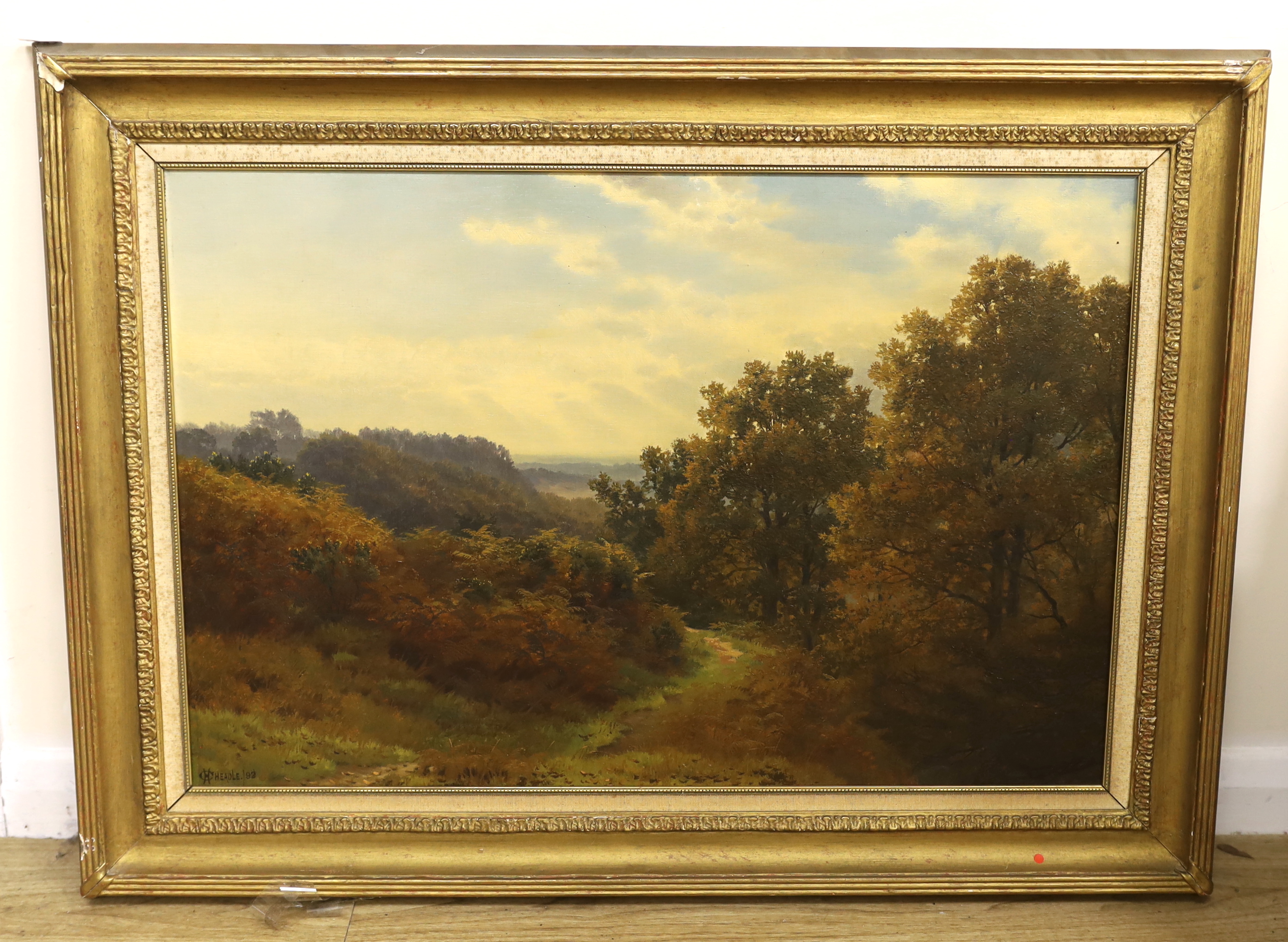 Henry Cheadle (1852-1910) oil on canvas, Wooded landscape, signed and dated '92, details verso, 50 x 75cm